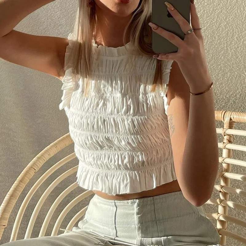 

2023 Summer Crop Y2k Top Cropped T-shirt New Fashion Sweet Lace Slim Slimming Strapless Sleeveless Vest Women's Clothing