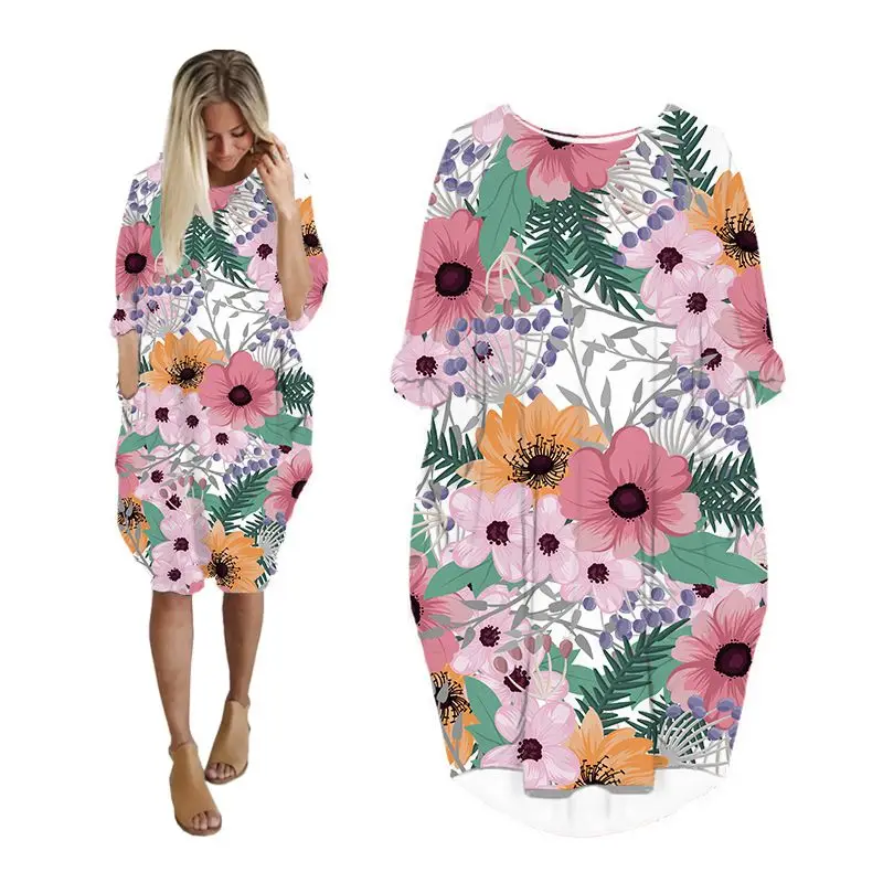 

Платье женское средней длины с карманами, Повседневная модная одежда с длинным рукавом, с тропическим цветочным принтом, большие размеры