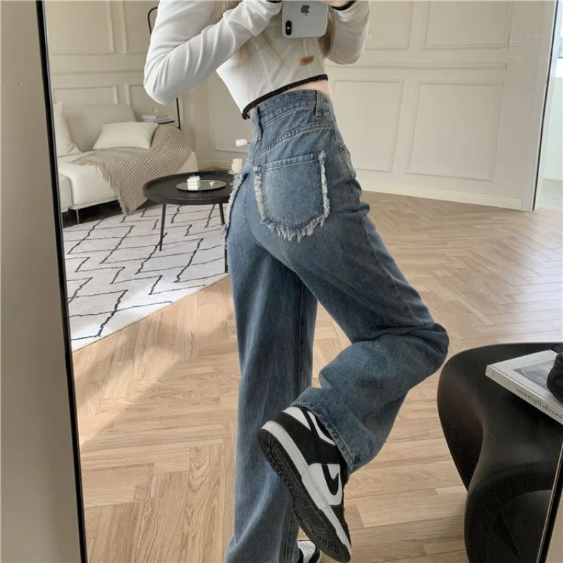 

COZOK/Винтажные мешковатые синие женские джинсы, прямые свободные брюки с высокой талией, уличная мода, джинсовые брюки с широкими штанинами для мам