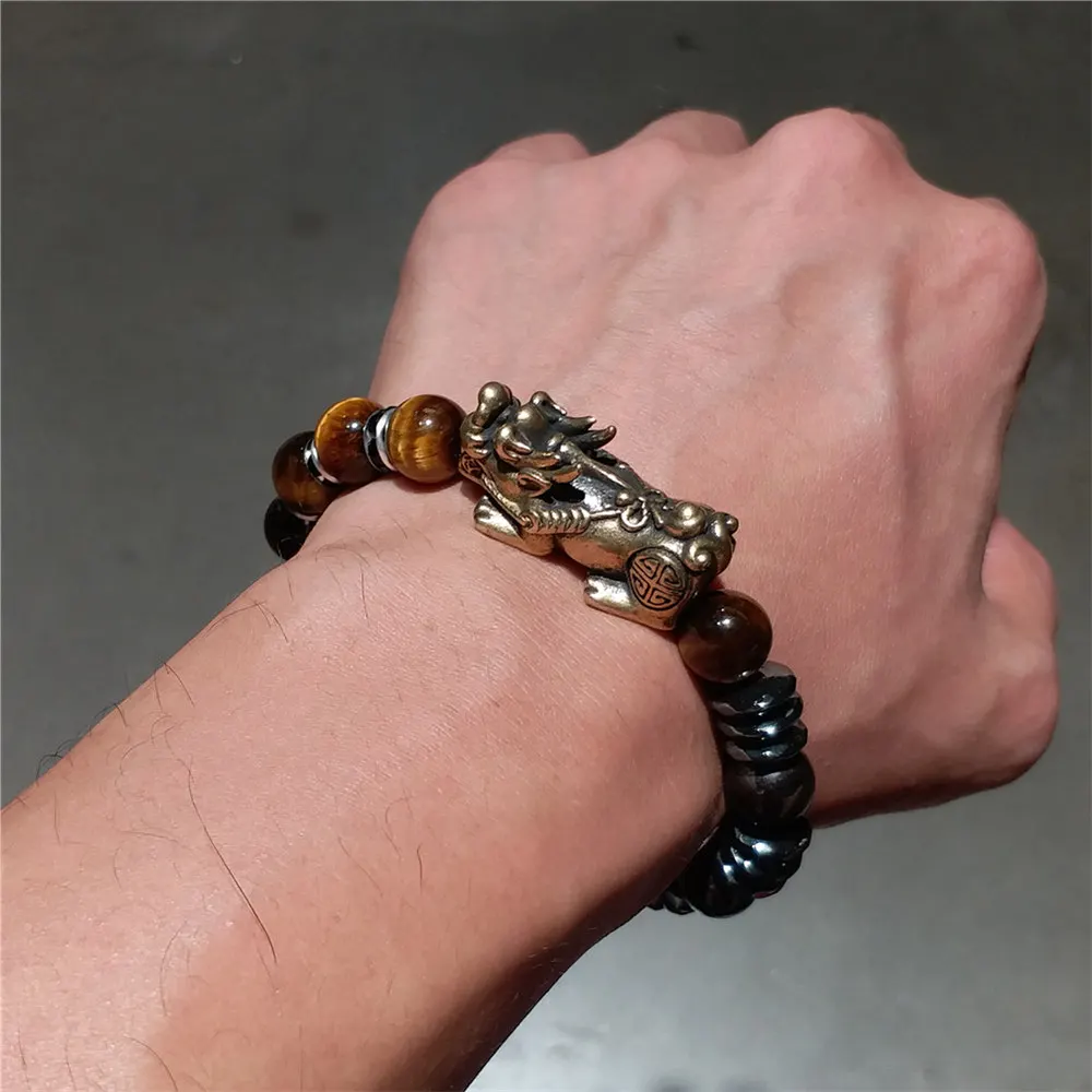 

Hematite Genuine Tiger Eye Wealth and Good Luck Copper Fengshui Pixiu Bracelet Unisex Wristband Men Women Beads Bracelets 10mm