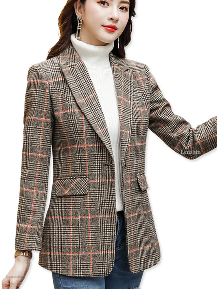 Vintage England Style High-quality Brown Plaid Coat with Pockets Women Single Button Jacket Fashion Outwear Blazer