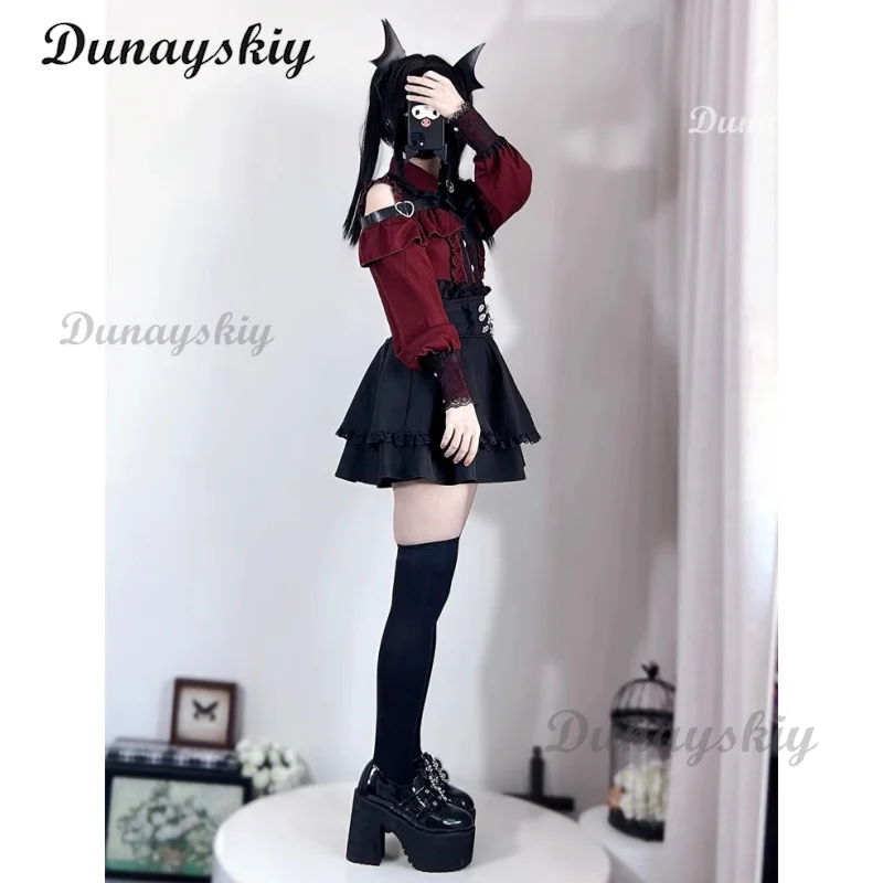Фото Jirai kei Outfit Lolita Girls Blouse Top Женская рубашка с длинным рукавом Kawii Bow Черные юбки Рубашки Y2K Sweet Japanese Lady Style Set №5
