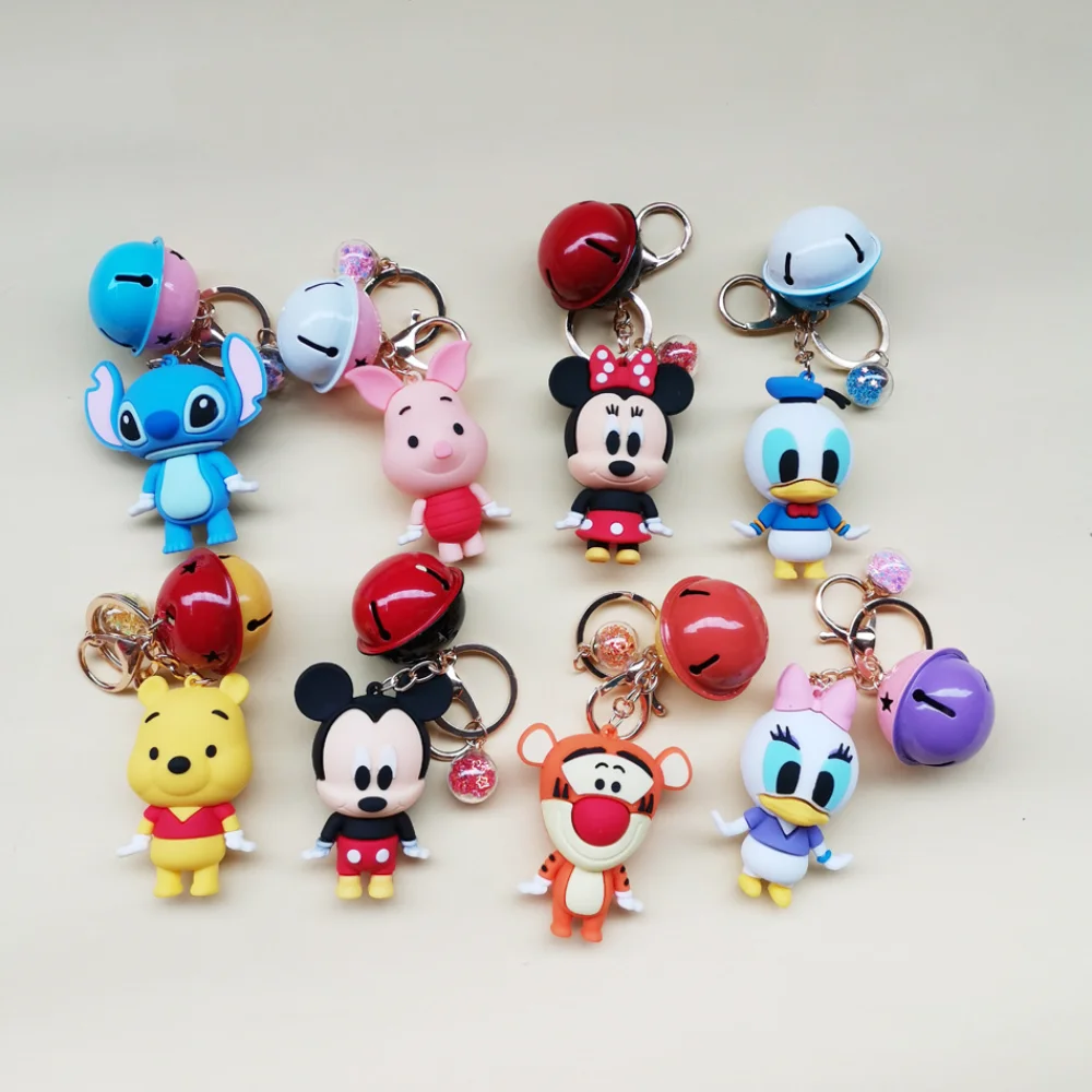 Mickey Disney Cartoon Doll Bell Keychain Anime Figures Toy Donald Duck Stitch Kawaii Bag Pendant Car Key Ring Kids Birthday Gift
