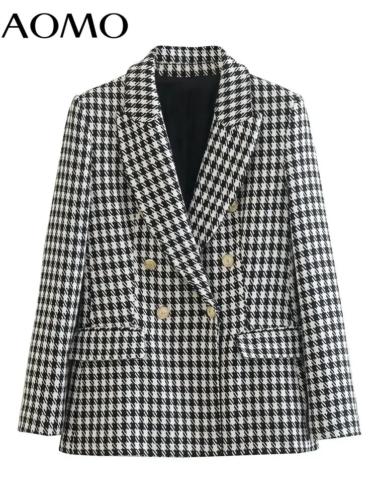 

AOMO Women Tweed Blazer Coat Vintage Long Sleeve Female Outerwear 4M160A