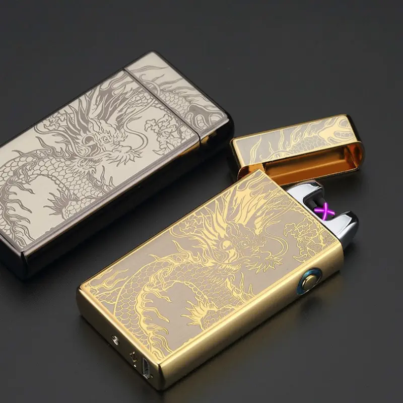 

2023 Metal New 3D Relief Double Arc Pulse Lighter USB Rechargeable Outdoor Zinc Alloy Windproof Electronic Cigarette Lighter
