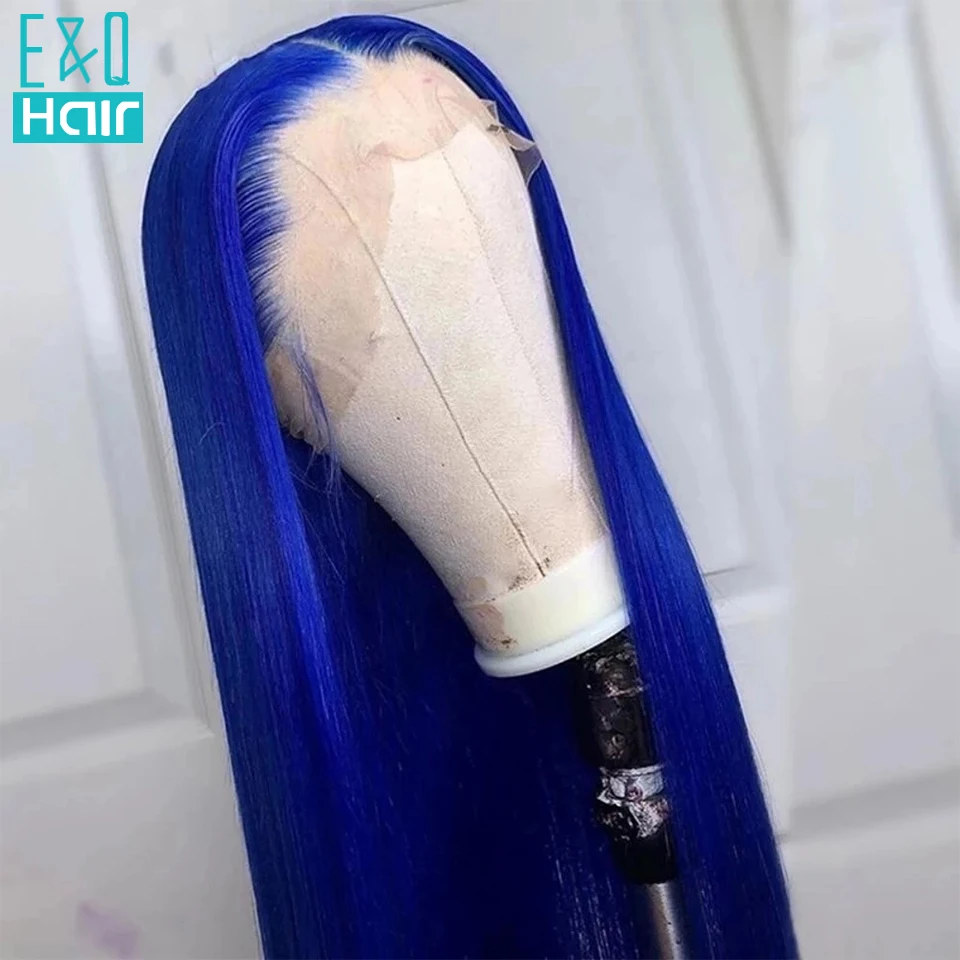 

13x4 Blue Color Human Hair Straight Wig Pre Plucked Ombre Peruvian Remy Hair Lace Front Wigs Transparent Part Lace Glueless Wigs