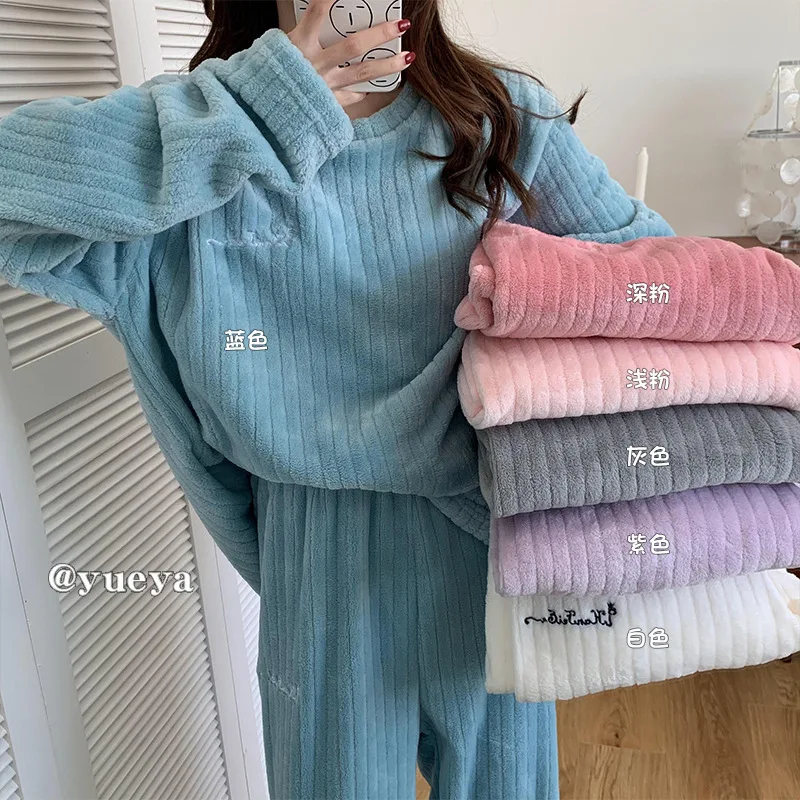 Фото New Women Pyjamas Sets Warm Pajama Flannel Thick Homewear Long Sleeve Cartoon Sleepwear Female Pant Sets Suit Wearable 2 Piece №3