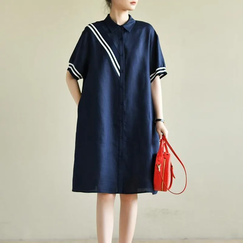 

Women Summer College Style Dresses Polo Short Sleeve Korea Fashion Cotton Mid-length Dress Casual Ladies Loose Female Dress