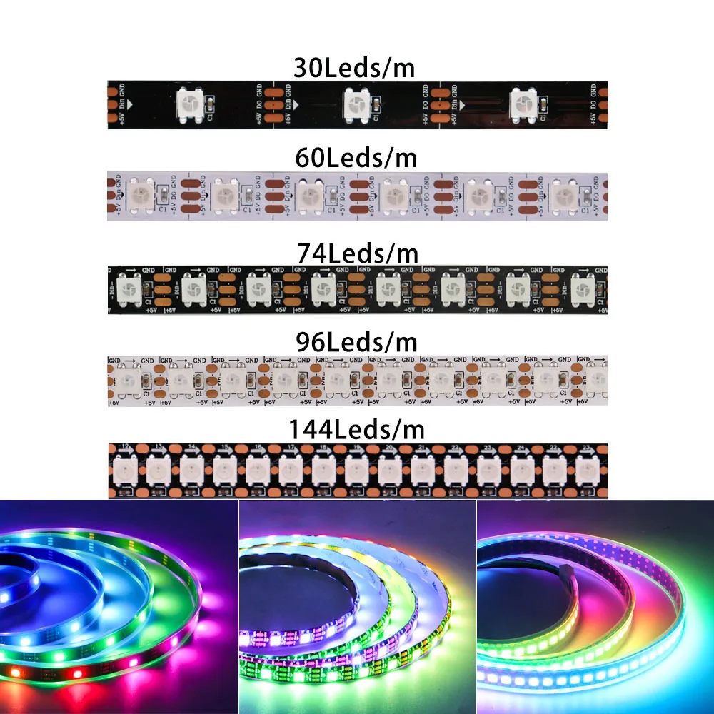 

DC5V WS2812B Individually Addressable Smart 5050SMD RGB LED Strip WS2812 30/60/74/96/144Leds/Pixels/m Magic Light IP30/65/67