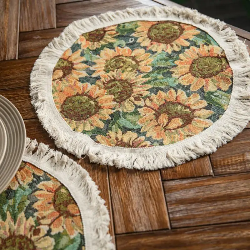 

Pastoral Style Table Runner Wedding Decor Table Flag Cotton Tassels Sunflower Pattern Dining Table Decoration Tablecloth