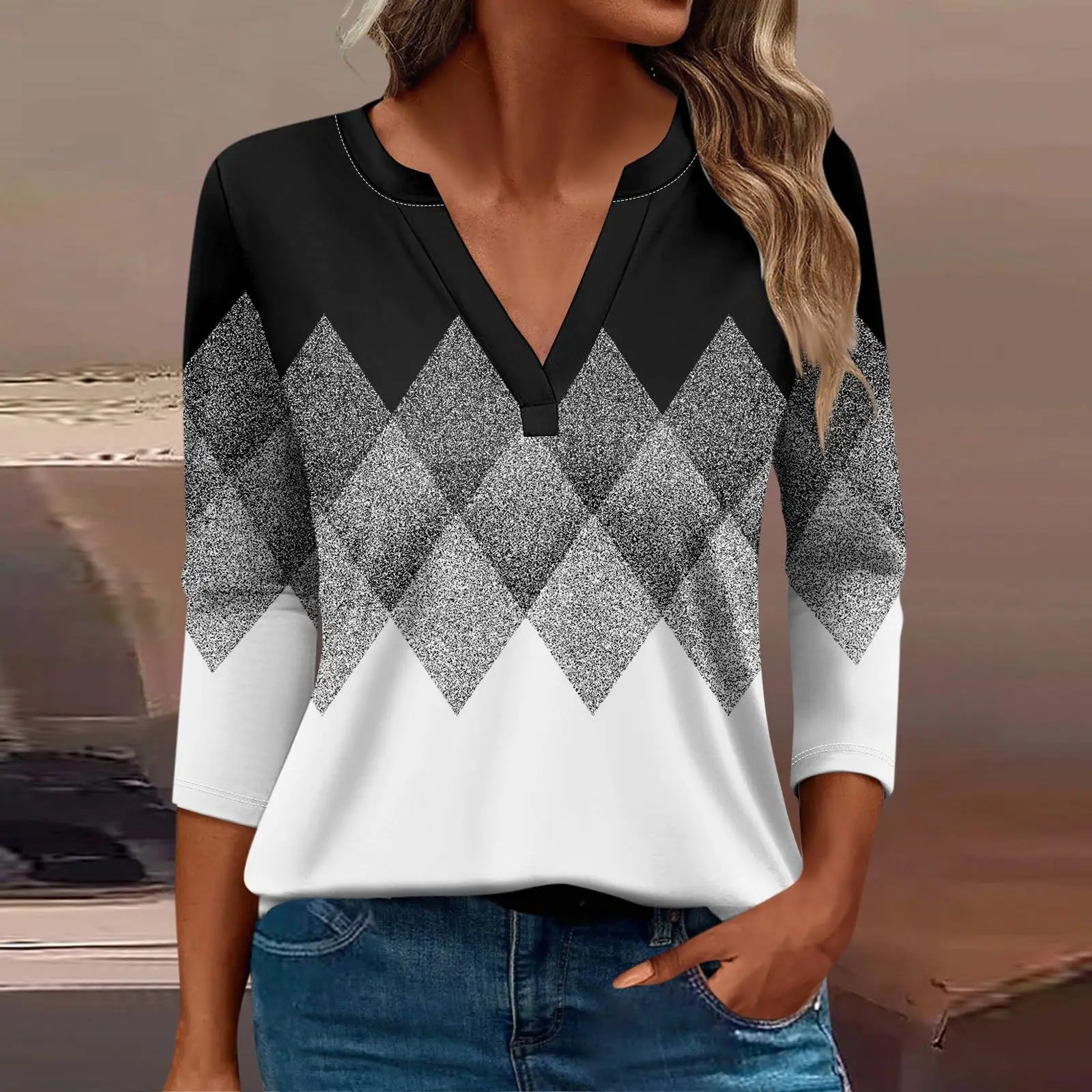 Модная женская футболка с v-образным вырезом и тремя четверками длинным рукавом