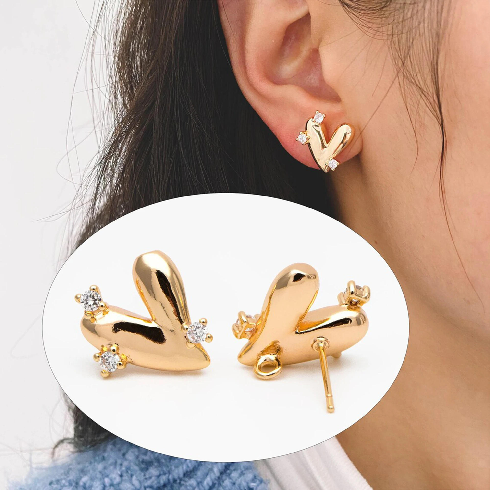 

4pcs CZ Pave Heart Earring with Loop, Gold Plated Brass Stud Earrings, For Jewelry Making Diy Findings Accessories (GB-3643)