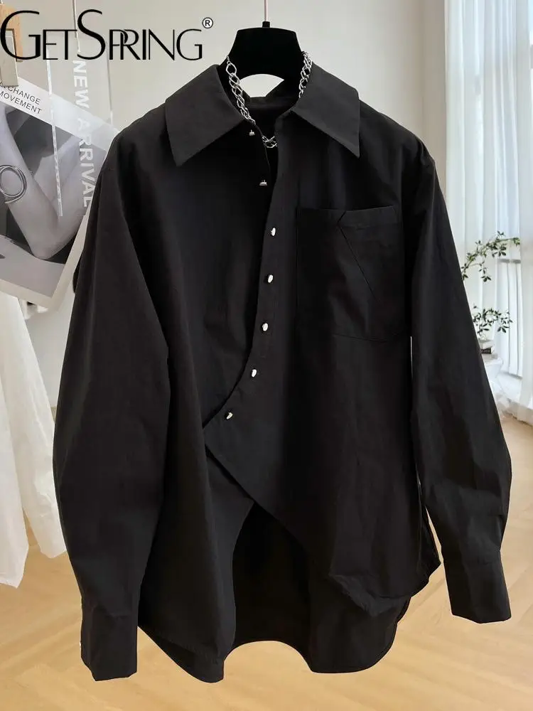 

GetSpring Women Shirt 2022 Early Autumn Full Sleeve Oblique Placket Cotton White Blouse Chic Loose Leisure Long Ladies Tops New