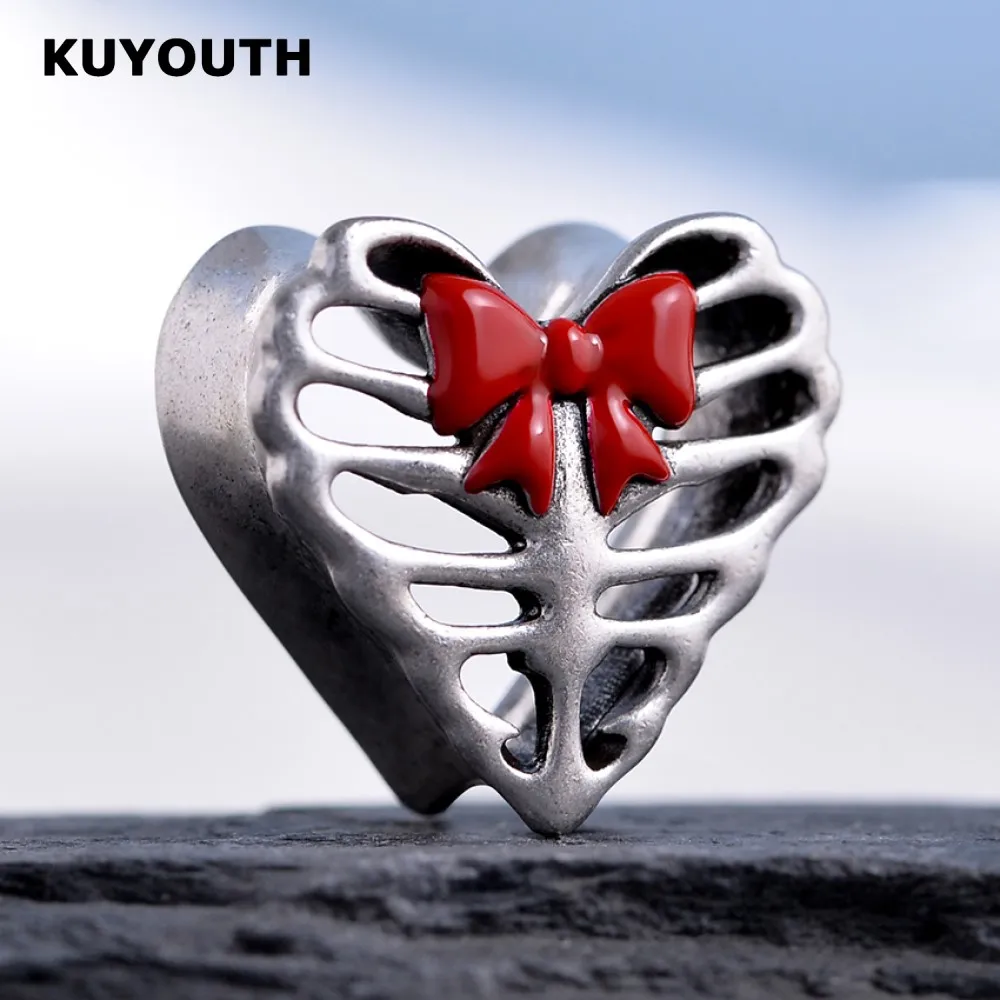 

KUYOUTH Popular Copper Red Bow Heart Ear Tunnels Expanders Plugs Earring Gauges Piercing Body Jewelry Stretchers 2PCS