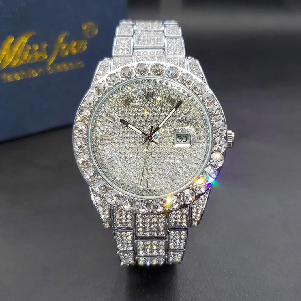 

Luxury Men Watch Bling Bling Big Diamond Quartz Watches Male Hip Hop Rock Stylish Waterproof Calendar Wristwatches Droshipping