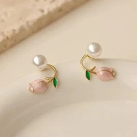 elegant pink enamel tulip white pearl stud earrings for women sweet exquisite charm party wedding jewelry high quality