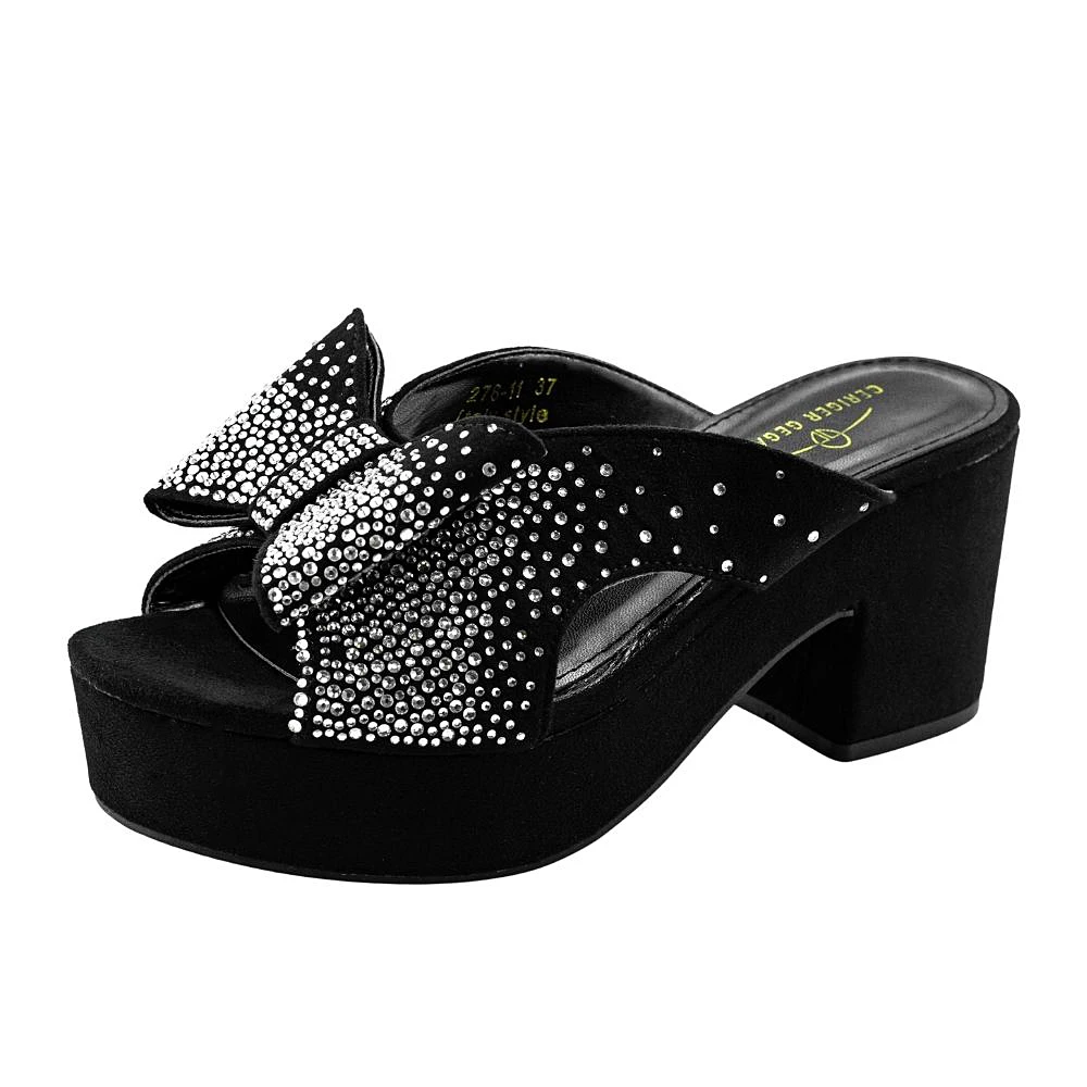 

Bling Bling Designer Sandals Parti Shoe Bowknot Glitter Chunky Heels 3CM Platform Faux Suede Dressy Summer Mules Shoe Sandal NEW