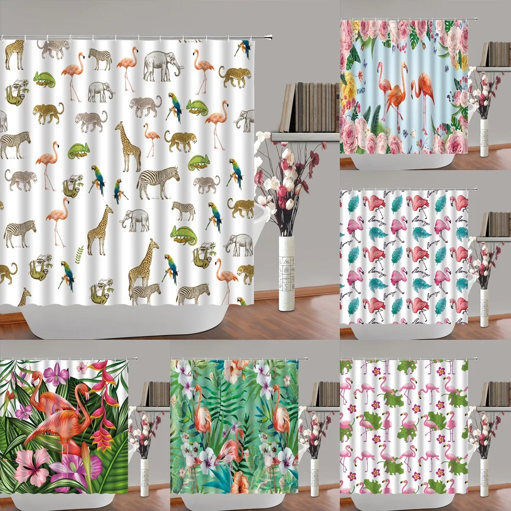 

Tropical Wild Animal Flamingo Shower Curtain Bathroom Decor Jungle Plant Leaves Flower Zebra Giraffe Parrot Bath Curtains Fabric