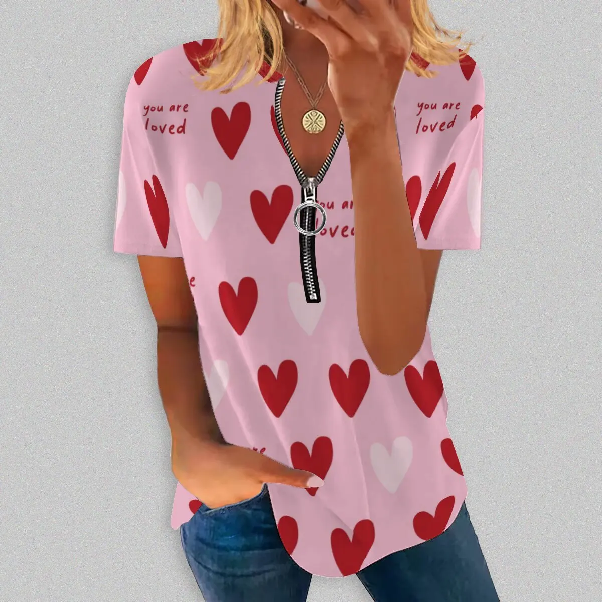 

Летняя новинка, Модный женский топ с круглым вырезом и длинным принтом на молнии, с коротким рукавом, повседневная фотография