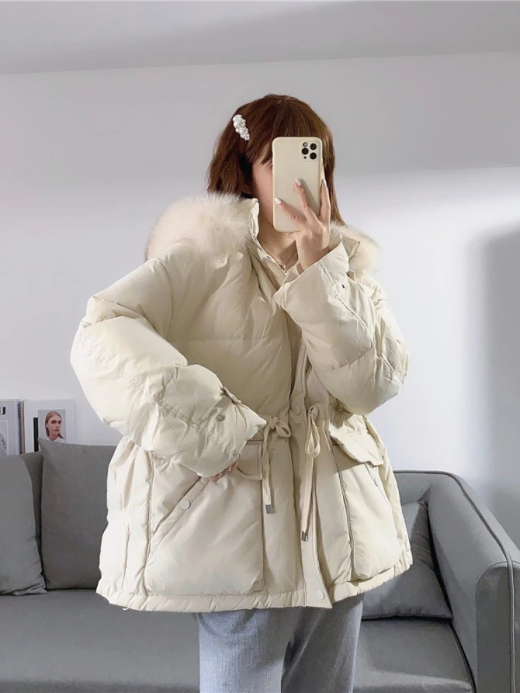 

2022 New Winter Down Jacket Women Coat 90% White Duck Down Real Natural Fox Fur Collar Hooded Luxury Loose Warm Thick Outerwear