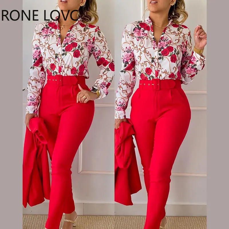 

Women Chic Long Sleeves with Belt Stand Collar Floral Pattern Tops with Solid Bottom Working Pants Set