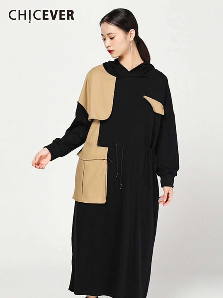 

CHICEVER Patchwork Colorblock Dress Female Hooded Collar Long Sleeve Patchwork Drawstring Lace Up Dresses Autumn Fashion Clothes