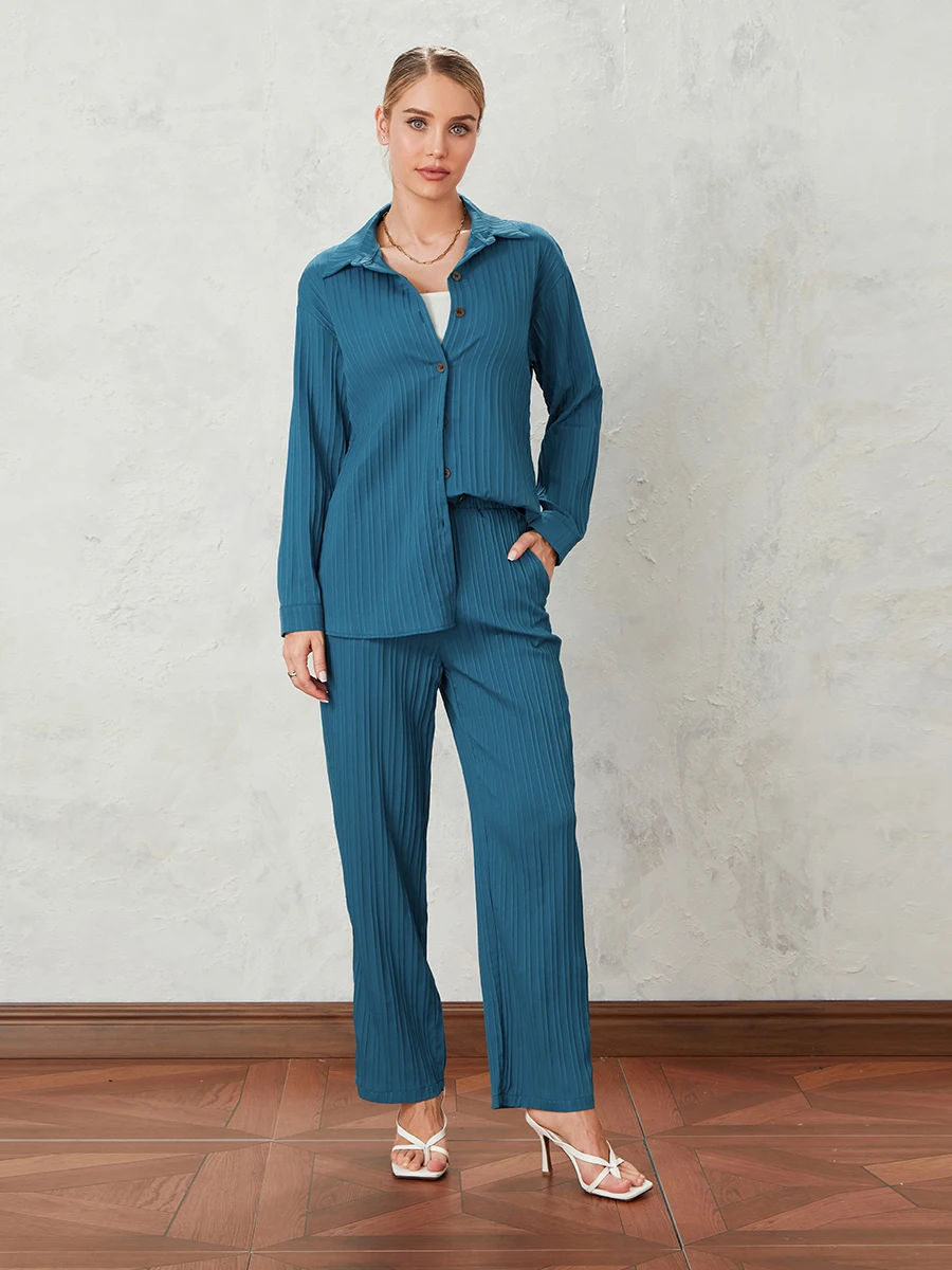 

Женский брючный костюм, элегантная рубашка с длинным рукавом и брюки с эластичным поясом, однотонная офисная одежда