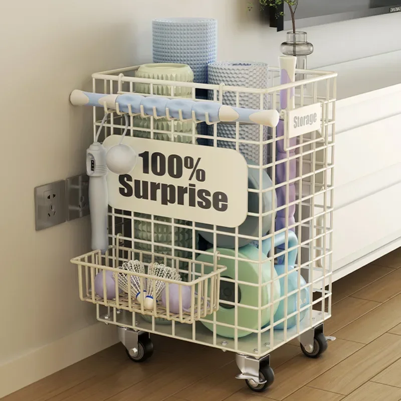 

Yoga Mat Storage Basket With Wheels Movable Household Dumbbell Fitness Equipment Ball Shelves Seam Iron Organization Racks