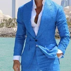 Костюмы, синие льняные Свадебные смокинги с отложным воротником и одной пуговицей, летний пляжный костюм, одежда для жениха, Официальный блейзер (пиджак + брюки) для мужчин
