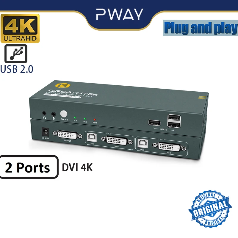 PWAY USB KVM DVI Switch 2-In-1 DVI 1.0 Port 1x2 Splitter With 3 USB2.0 Support 4K@60Hz For Sharing Printer Keyboard Mouse EDID