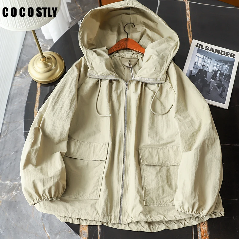 

2022 Spring Autumn New Fashion Solid Color Hooded Jacket Women Casual Pocket Long Sleeve Zipper Thin Coat Female Top Outerwear