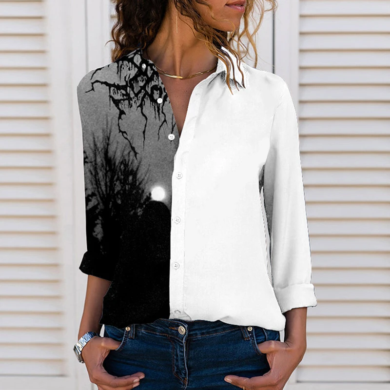 

New Autumn Women Harajuku Shirts Long Sleeve Lapel 3D Printed Tie Dyed Pattern Streewear Tops Female Casual Shirt Clothing