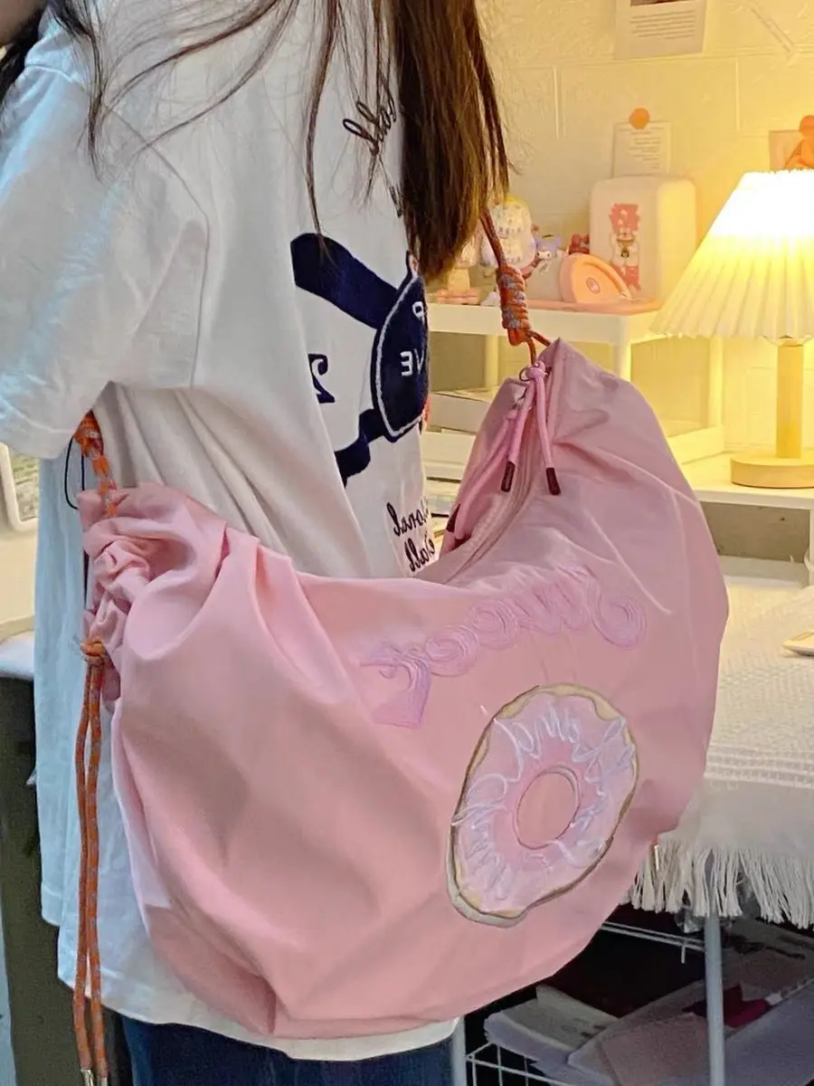 Sakura Pink Large Capacity Donut Embroidery Crossbody Bag Female Summer Handheld Shoulder Tote Bag