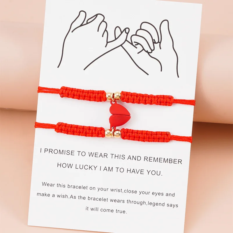 

TULX 2pcs Heart-shaped Magnet Couple Bracelet Adjustable Black Red Rope Hand Bracelet Men Women Paired Bracelet Wholesale