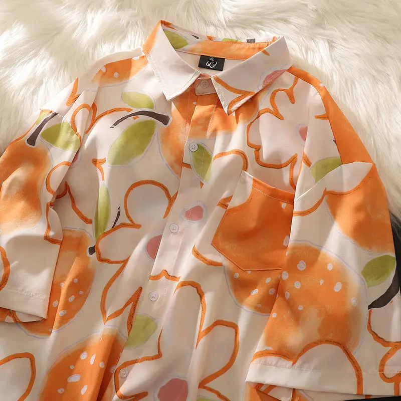 

Женская пляжная рубашка с коротким рукавом, гавайская, американская, ретро, солнцезащитная, оранжевая, с цветочным принтом, лето 2022