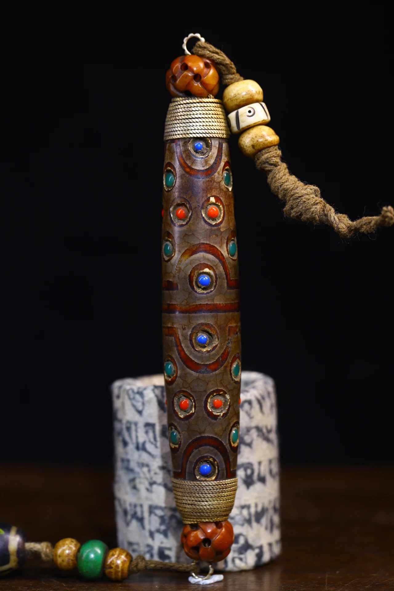 

5" Tibetan Temple Collection Old natural agate mosaic Gem Dzi Beads Amulet pendant Gather fortune Town house Exorcism