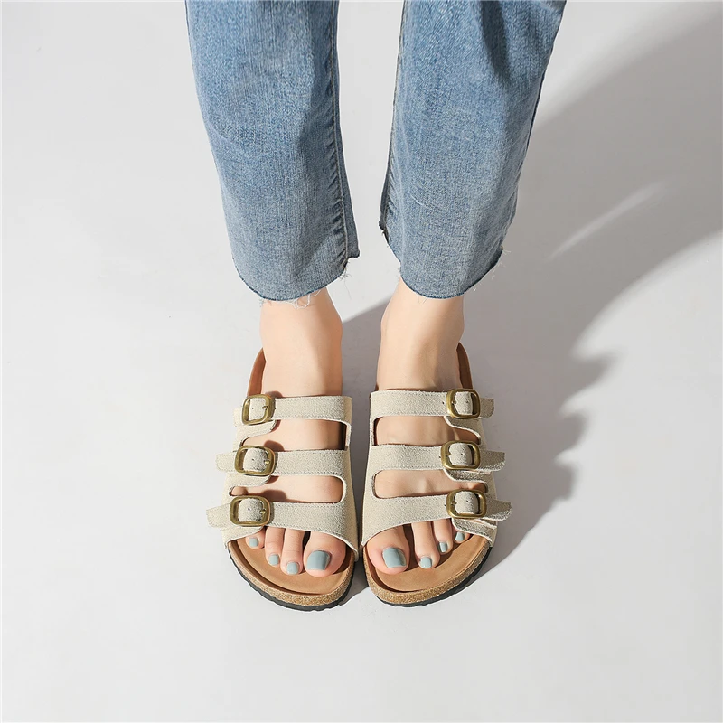 Real Leather Women Suede Slippers Summer Soft Cork Buckle Flip Flops Women Casual Woman Shoes Sandals