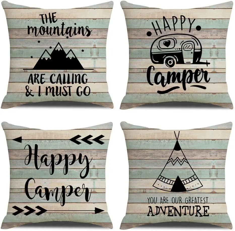 

Vintage Rustic Wood Background Happy Camper Pillow Cases Inspirational Quotes Home Decorative Cushion Cover 18"x18" Set of 4