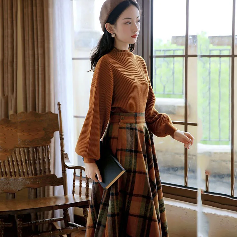 Новый осенне-зимний женский костюм с юбкой свободный пуловер вязаный свитер