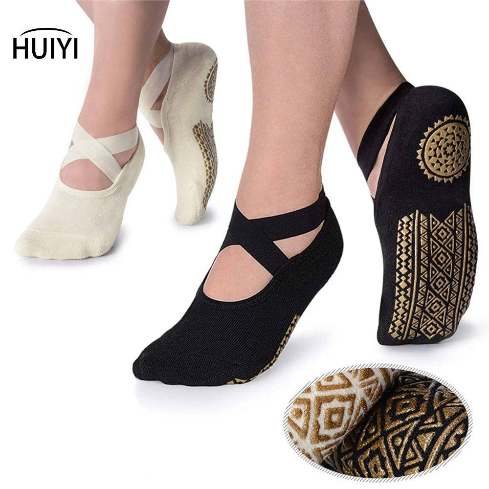 Yoga Socks for Women Non-Slip Grips & Straps, Bandage Cotton Sock, Ideal for Pilates Pure Barre Ballet Dance Barefoot Workout