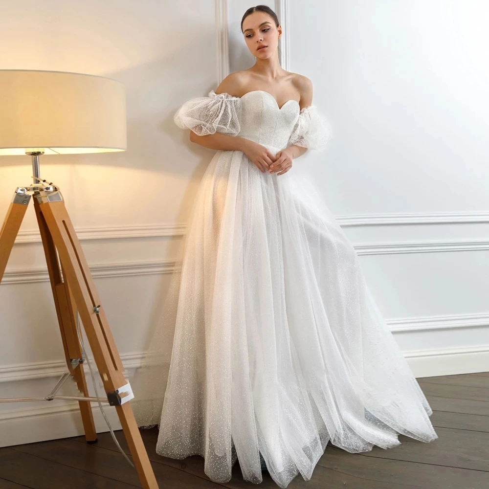 

Ruffled Sleeves Sweetheart A Line Wedding Dresses Boho Polka Dot Tulle Corset Backless Floor Length Bridal Gowns