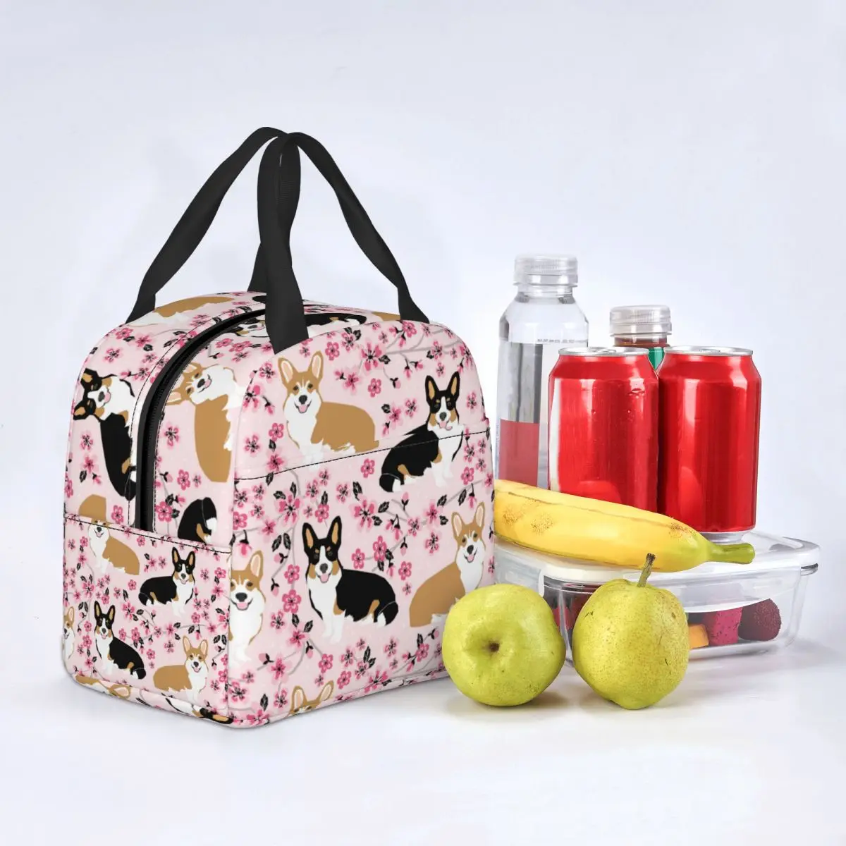 Lunch Bag for Men Women Corgi Dogs Pink Cherry Blossom Floral Thermal Cooler Waterproof Picnic Animal Lunch Box Food Storage Bag