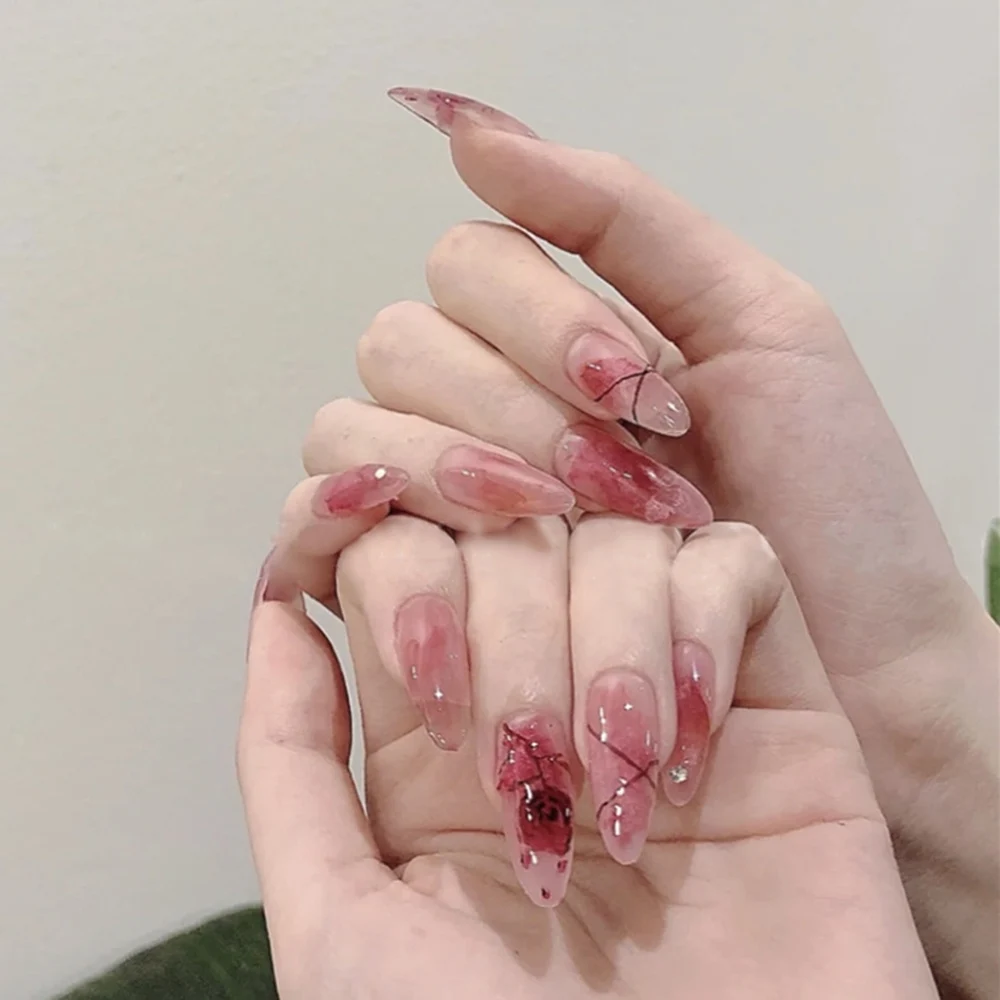 

24pcs Pink Rose Design False Nail Patch Coffin Fake Nails Removable Long Paragraph Fashion Manicure Nail Art Press On Nail Tips