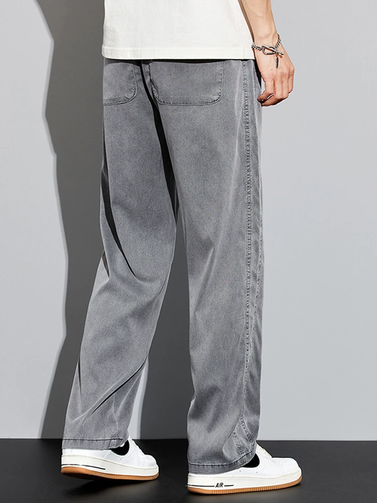 Summer Men's Jeans Soft Lyocell Fabric Thin Loose Straight Pants Drawstring Elastic Waist Korea Casual Trousers Plus Size 5XL