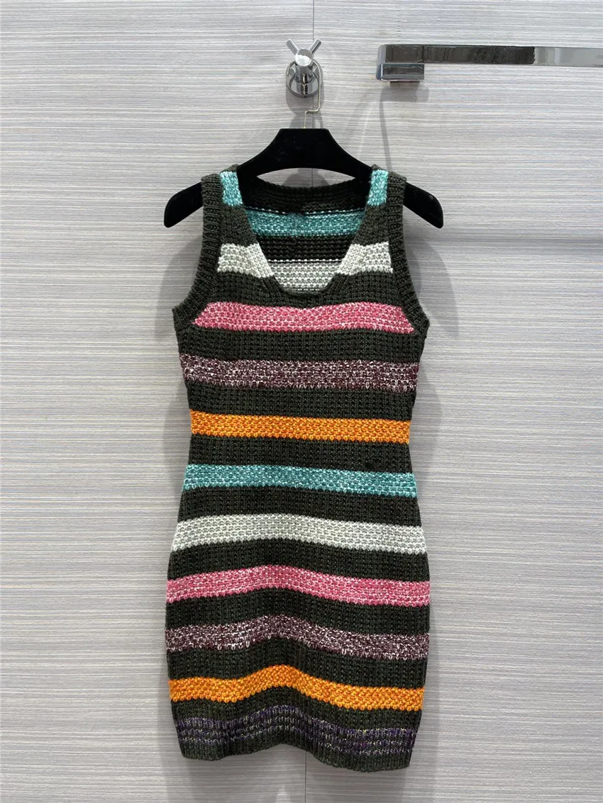 

Модное дизайнерское платье для женщин, Кашемировое шерстяное трикотажное платье в полоску с поясом и круглым вырезом без рукавов