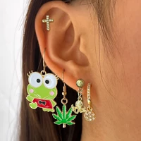 flatfoosie cute cartoon green enamel frog animal hoop earrings for women trendy crystal cross zircon circle earrings set jewelry