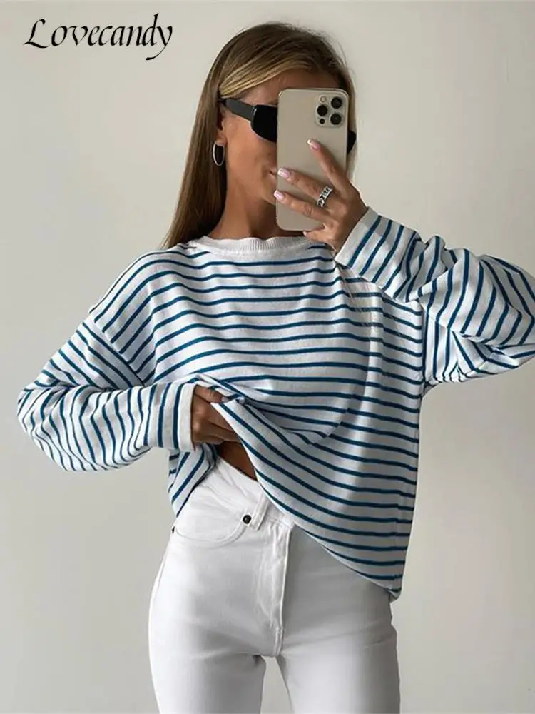 

Women Fashion Striped Print Sweater 2022 Autumn Long Sleeve O-Neck Knitted Jumpers Casual Loose Vintage Female Pullover Tops