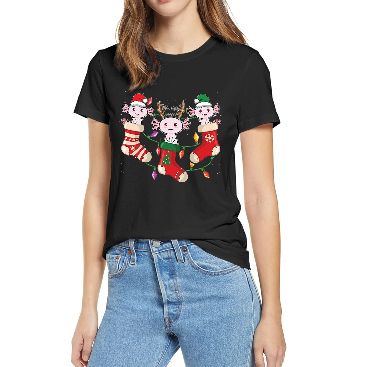 

Christmas Axolotl Xmas Stockings Animal Lover Mud Puppy Gift Funny Summer Women 100% Cotton Novelty T-Shirt EU Size Casual Tee