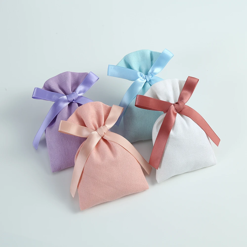 50pcs Multicolor Cotton Burlap Bucket Jewelry Bag with Ribbon Small Pouches for Wedding Christmas Candy Bag Custom Logo Mariage