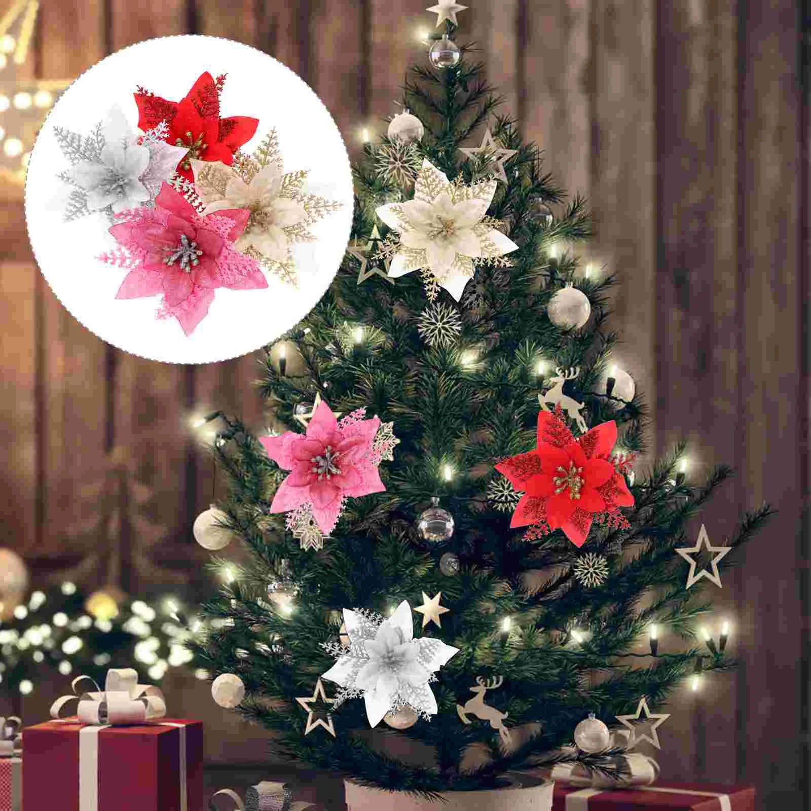 

Poinsettia Flowers Christmas Artificial Flower Tree Decorationfake Decorations Glitter Red Ornamentsgold Sliver Wreath Decor